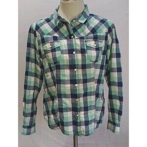 Bit & Bridle Buffalo Plaid Western Shirt Womens Medium Teal Navy & White Button